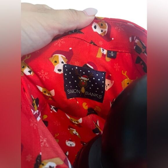 SIMON BANKS CHRISTMAS FESTIVE HOLIDAY PARTY SANTA CLAUS DOG BUTTON UP MENS SMALL - Picture 9 of 9